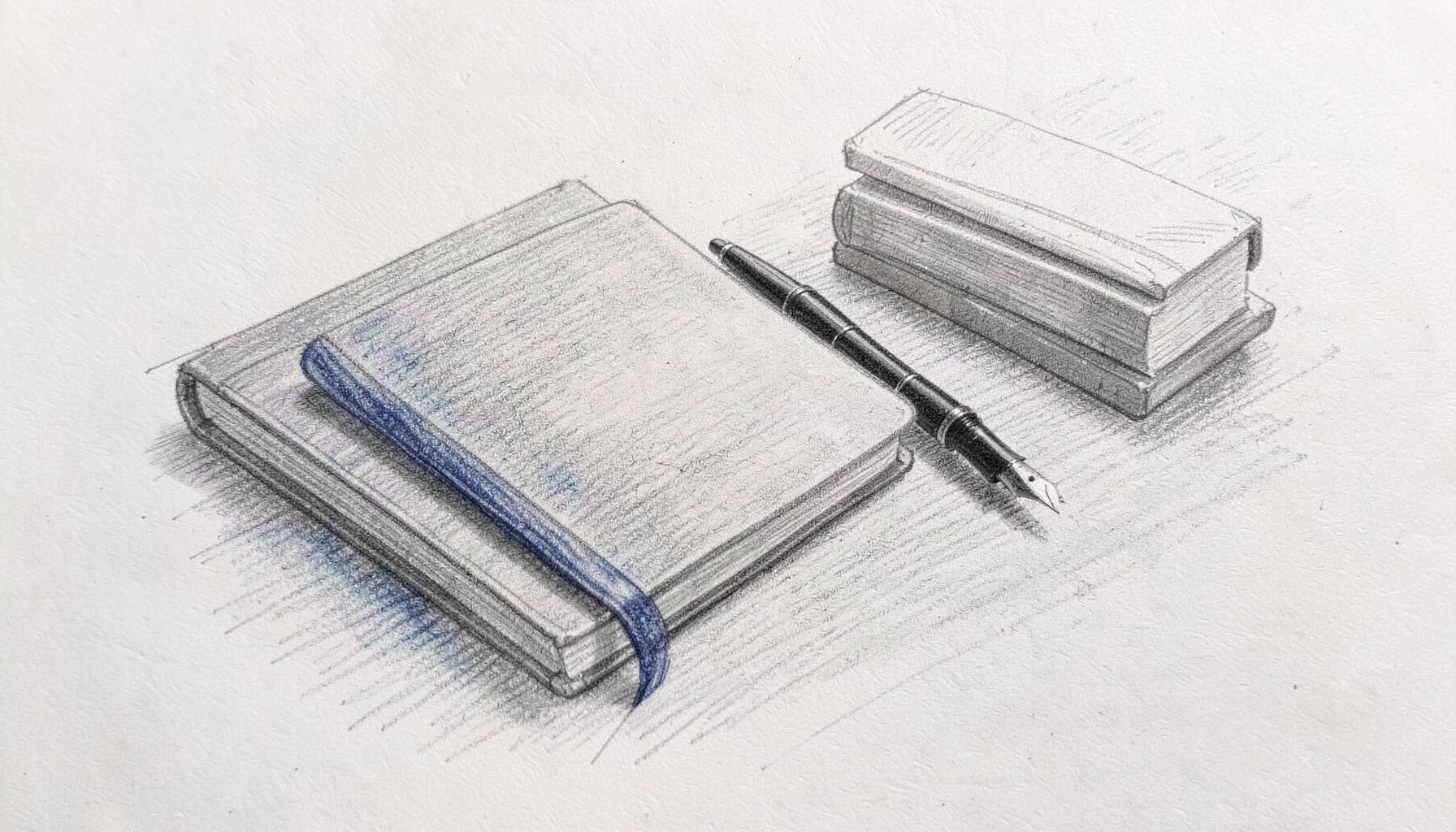 A graphite pencil sketch of a writer's desk with a closed notebook, a fountain pen, and a small stack of books, drawn in soft gray tones with quiet, reflective mood.