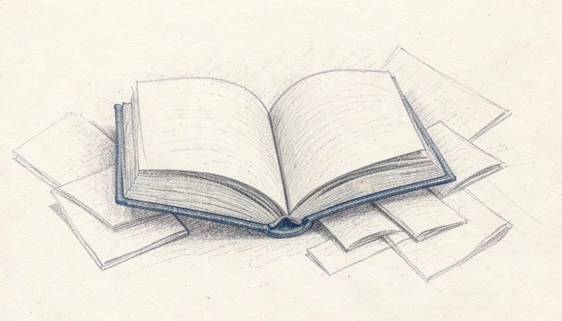 Graphite pencil sketch of an open book surrounded by scattered pages, drawn with soft charcoal shading on cream paper, conveying a quiet scholarly atmosphere.