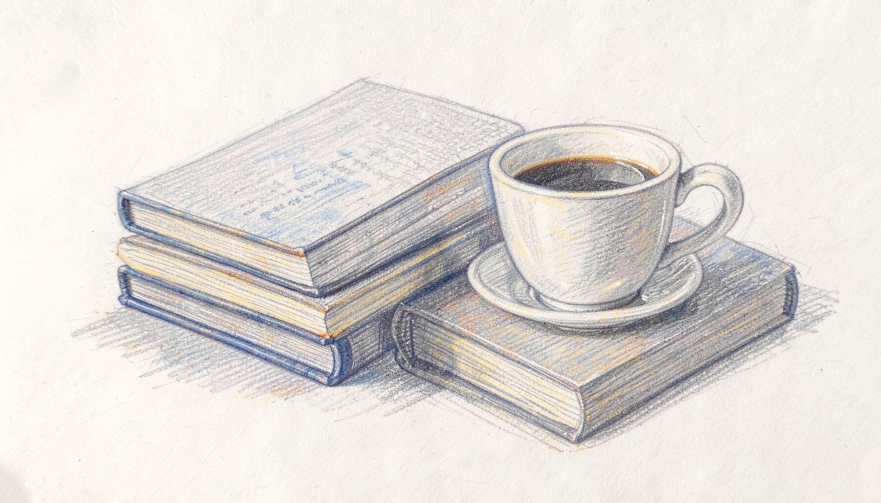 Soft graphite pencil sketch of stacked open books beside a coffee cup, in muted grays with warm cream highlights and gentle cross-hatched shadows.