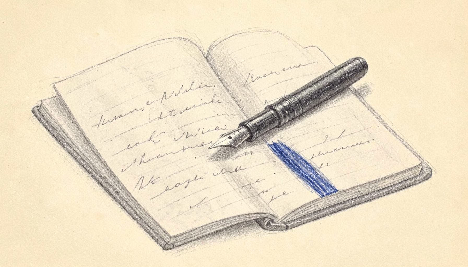 A graphite pencil sketch of an open notebook with a fountain pen resting across handwritten lines, soft gray shading on a warm cream background, evoking a quiet, contemplative writing mood.