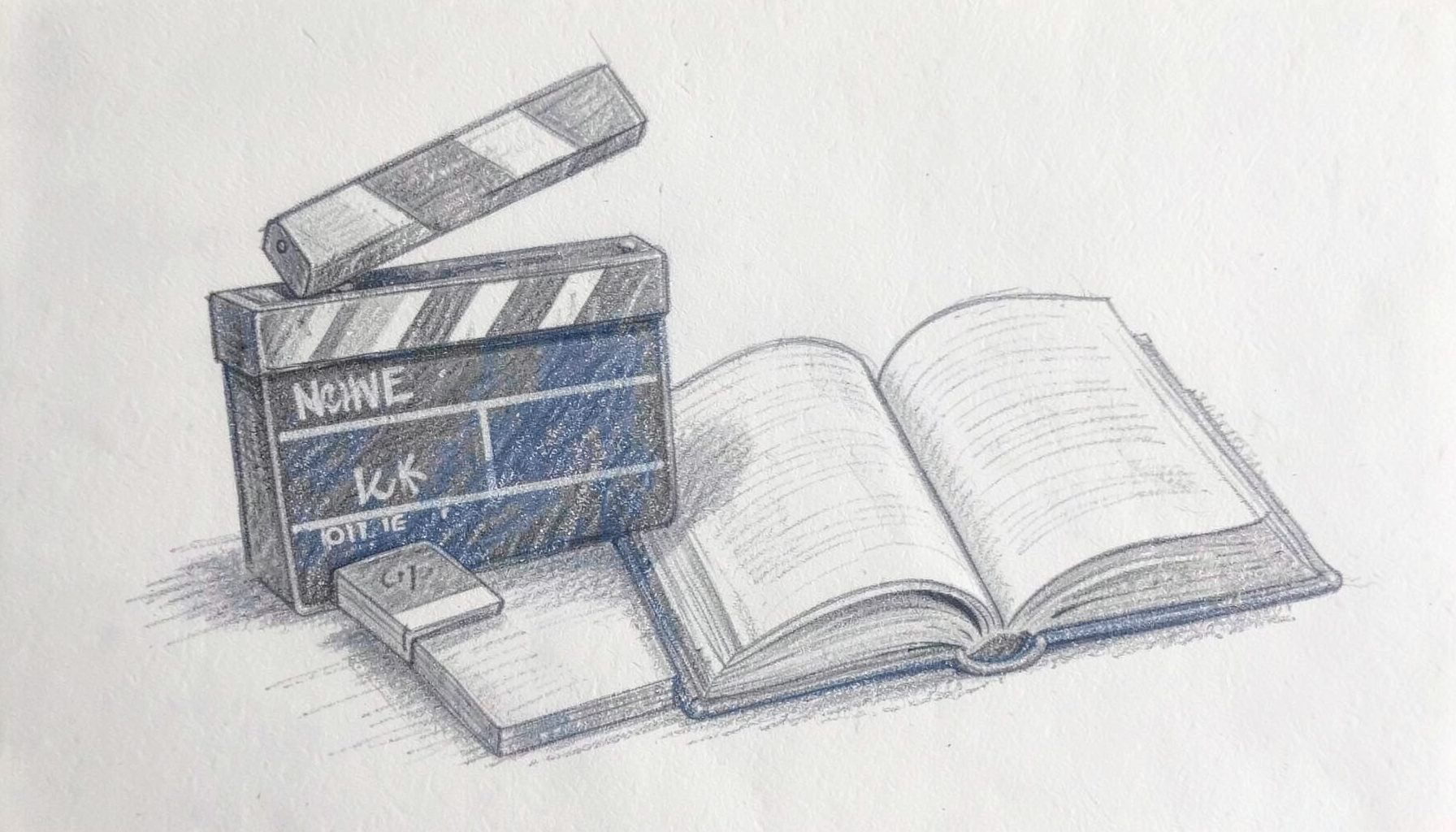 Hand-drawn graphite sketch of a film clapboard beside an open book, soft pencil shading in muted grays and blues