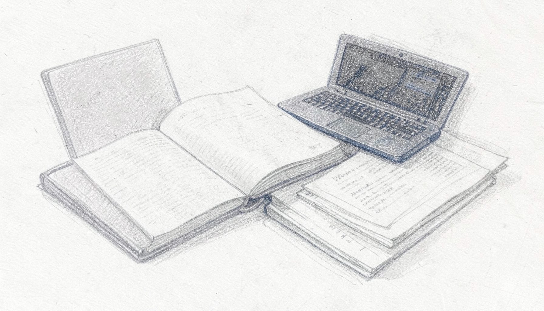 Graphite pencil sketch of an open book beside a laptop and stack of printed pages, rendered in soft gray tones with a calm, focused mood