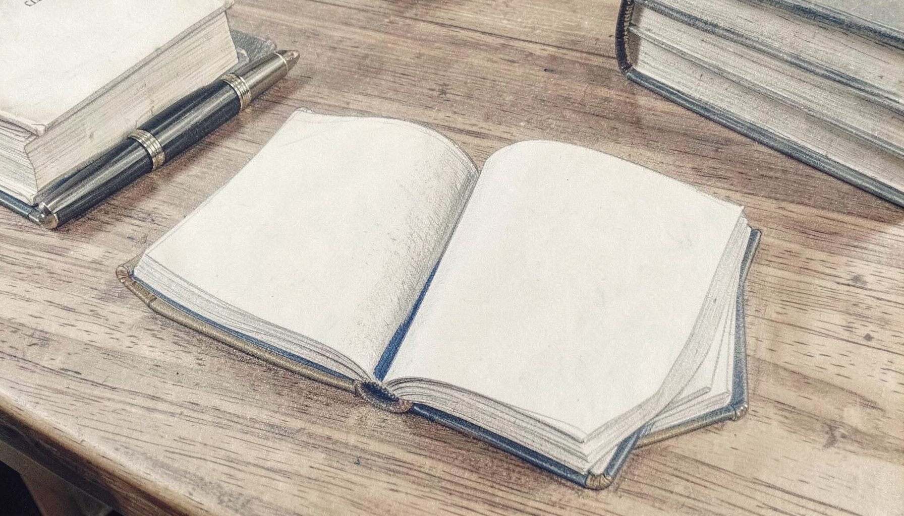 A graphite pencil sketch of an open notebook resting on a wooden writing desk beside a fountain pen and a stack of books, soft slate gray and warm cream tones, calm and contemplative study atmosphere
